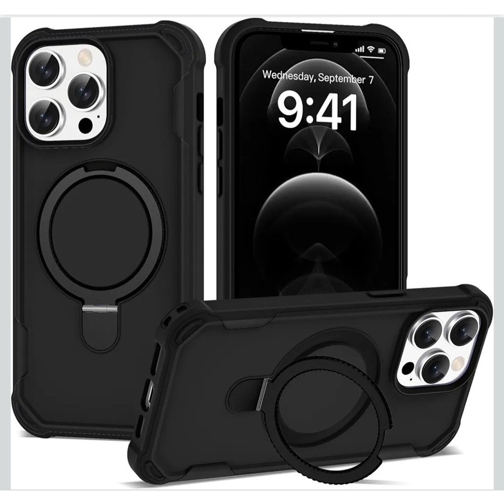 Black Case with Magnetic Ring Stand for iPhone 15 Pro Max
